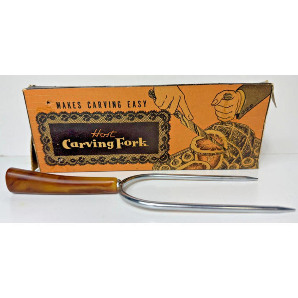 VTG HOST Carving Fork Server Tool USA Bakelite w/Original Box 10" Tortoiseshell